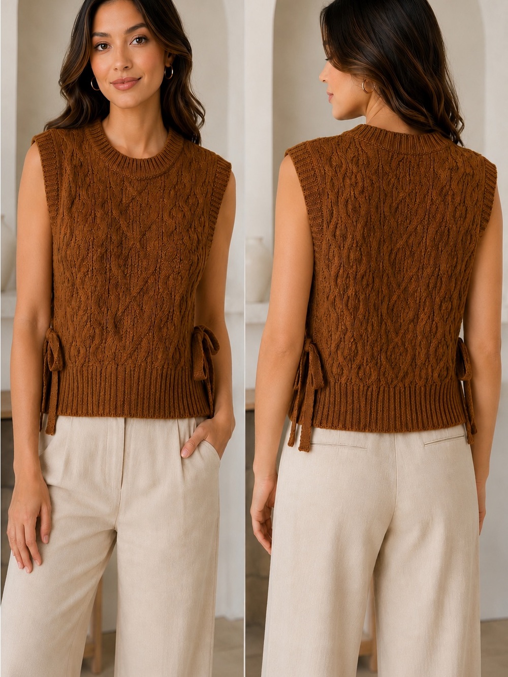 LOFT Cable-Knit Side-Tie Sweater Vest - Brown